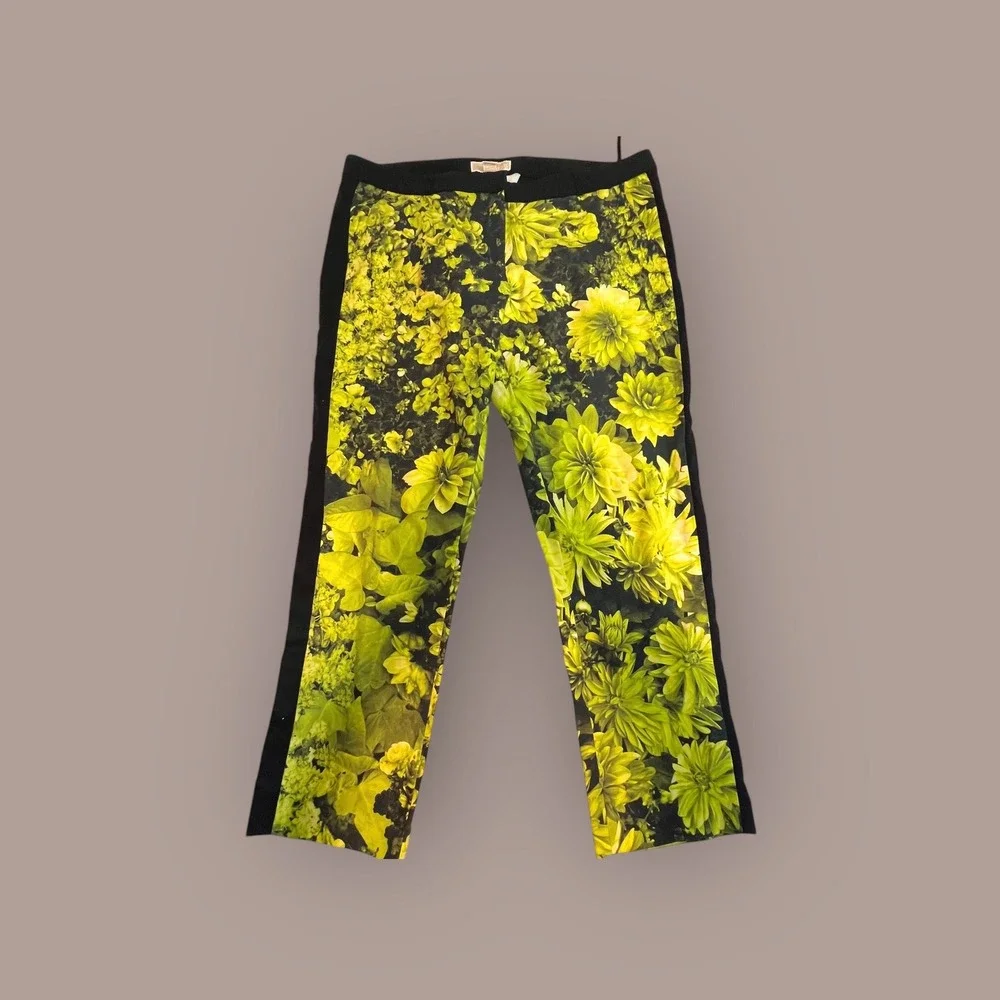 Michael Kors Pants 14 Black Floral Womens Black Yellow Green Print Tuxedo Stripe